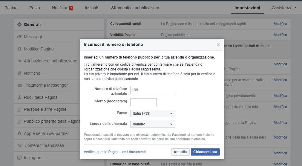 verifica pagina facebook tramite telefono